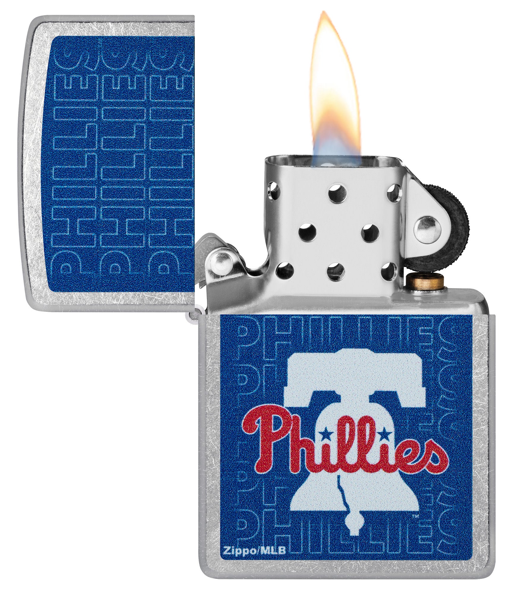 Zippo MLB® Philadelphia Phillies Street Chrome Windproof Lighter with its lid open and lit.