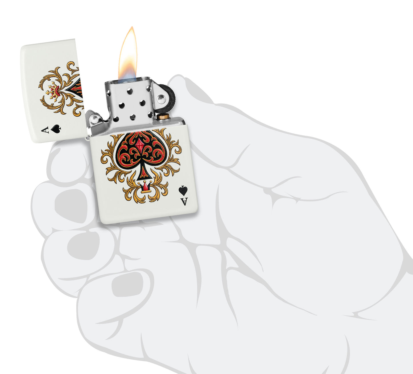 Zippo Ace of Jokes 2-Sided White Matte Windproof Lighter lit in hand.