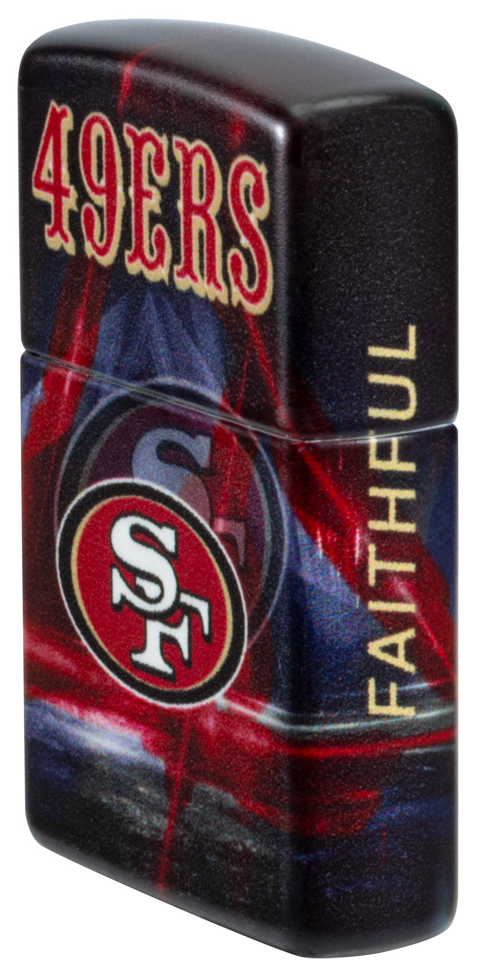 Angled shot of Zippo NFL San Francisco 49ers 540 Matte Windproof Lighter showing the front and right sides of the lighter.