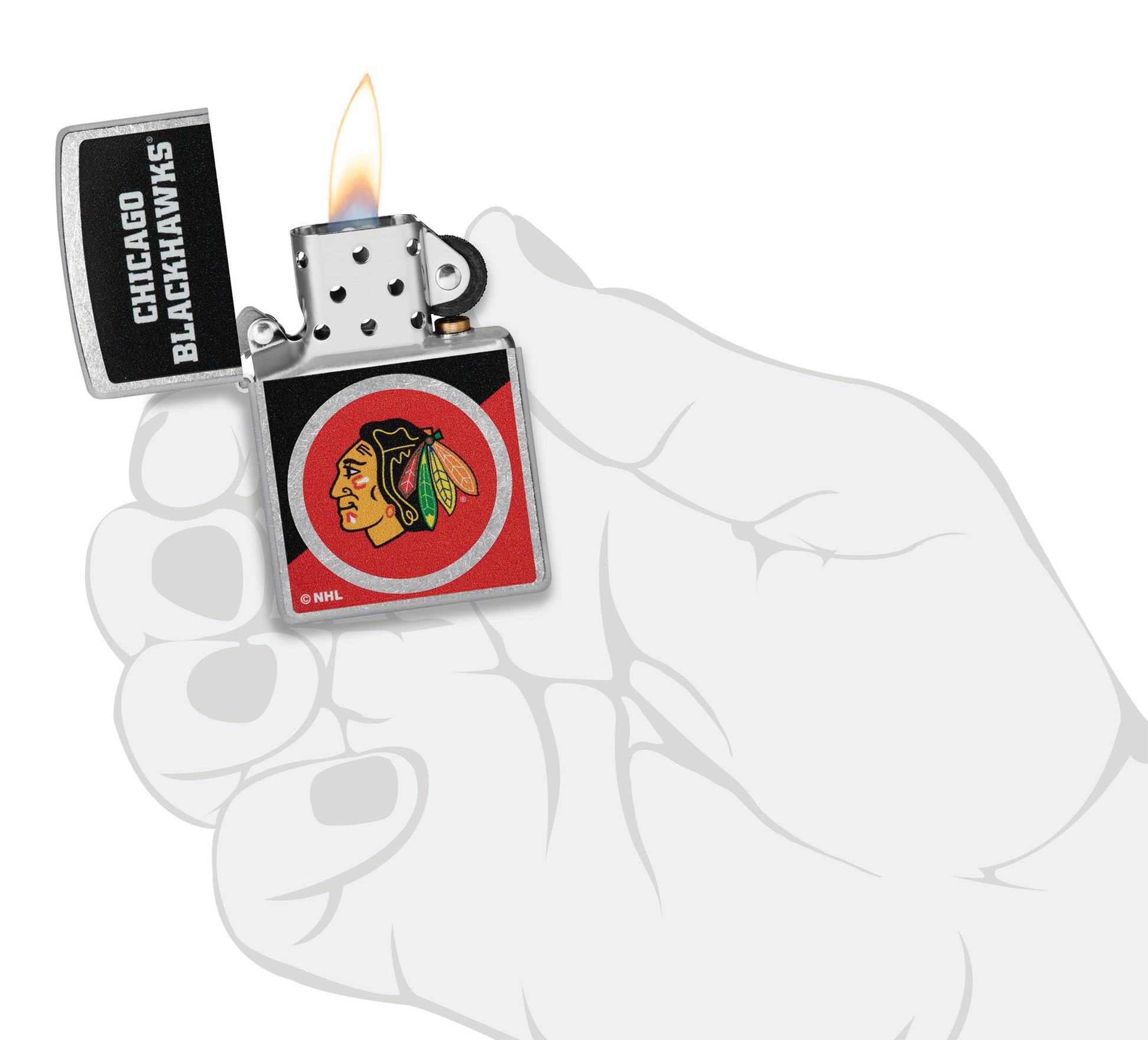 Zippo NHL® Chicago Blackhawks® 2024 Street Chrome™ Windproof Lighter in its packaging.