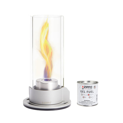 Front view of Zippo FlameScapes® Spiral Fire Feature in silver lit with Gel Fuel.
