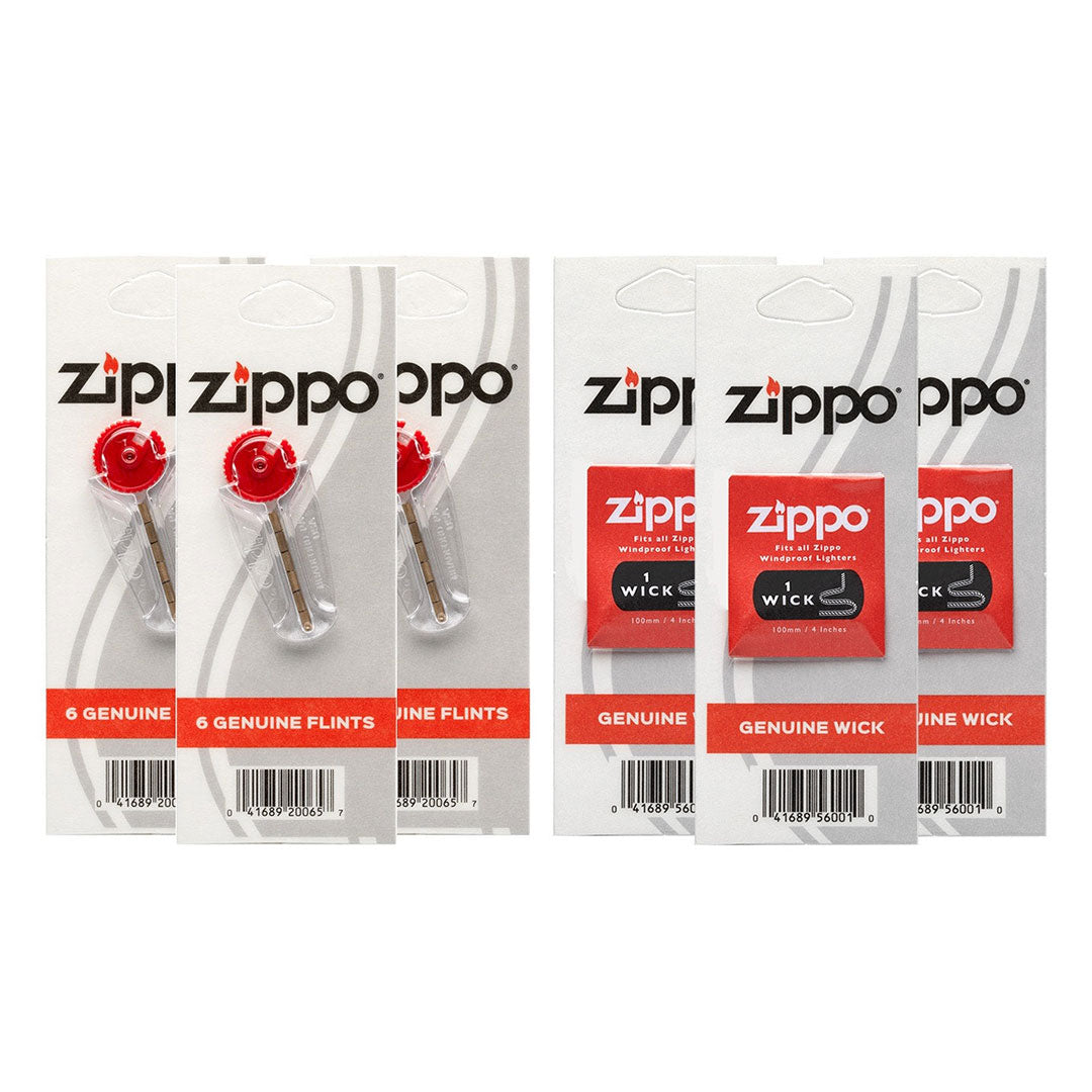 Three packages each of Zippo wicks and flints on a white background