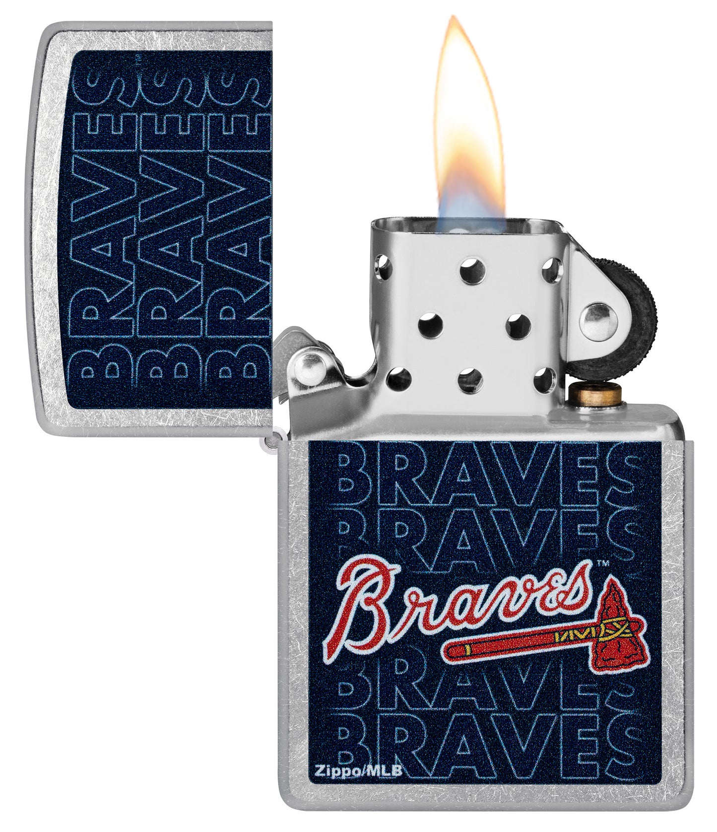 Zippo MLB® Atlanta Braves Street Chrome Windproof Lighter with its lid open and lit.