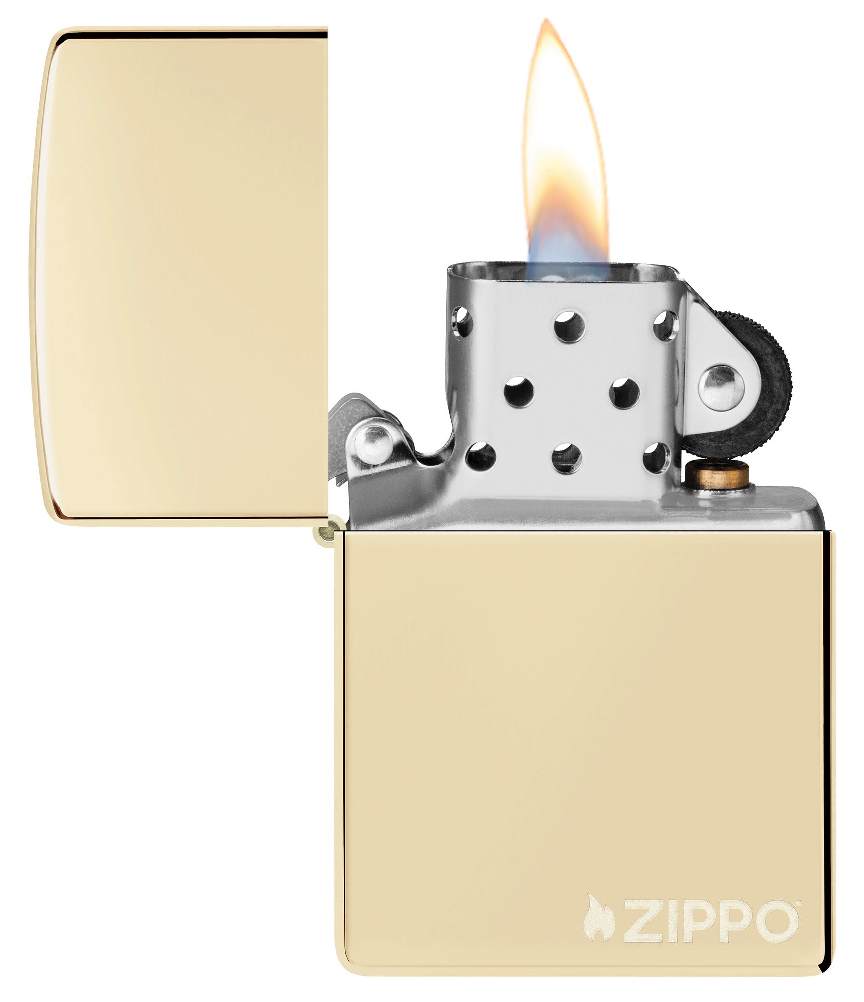 Zippo Classic Champagne Zippo Logo Windproof Lighter with its lid open and lit.