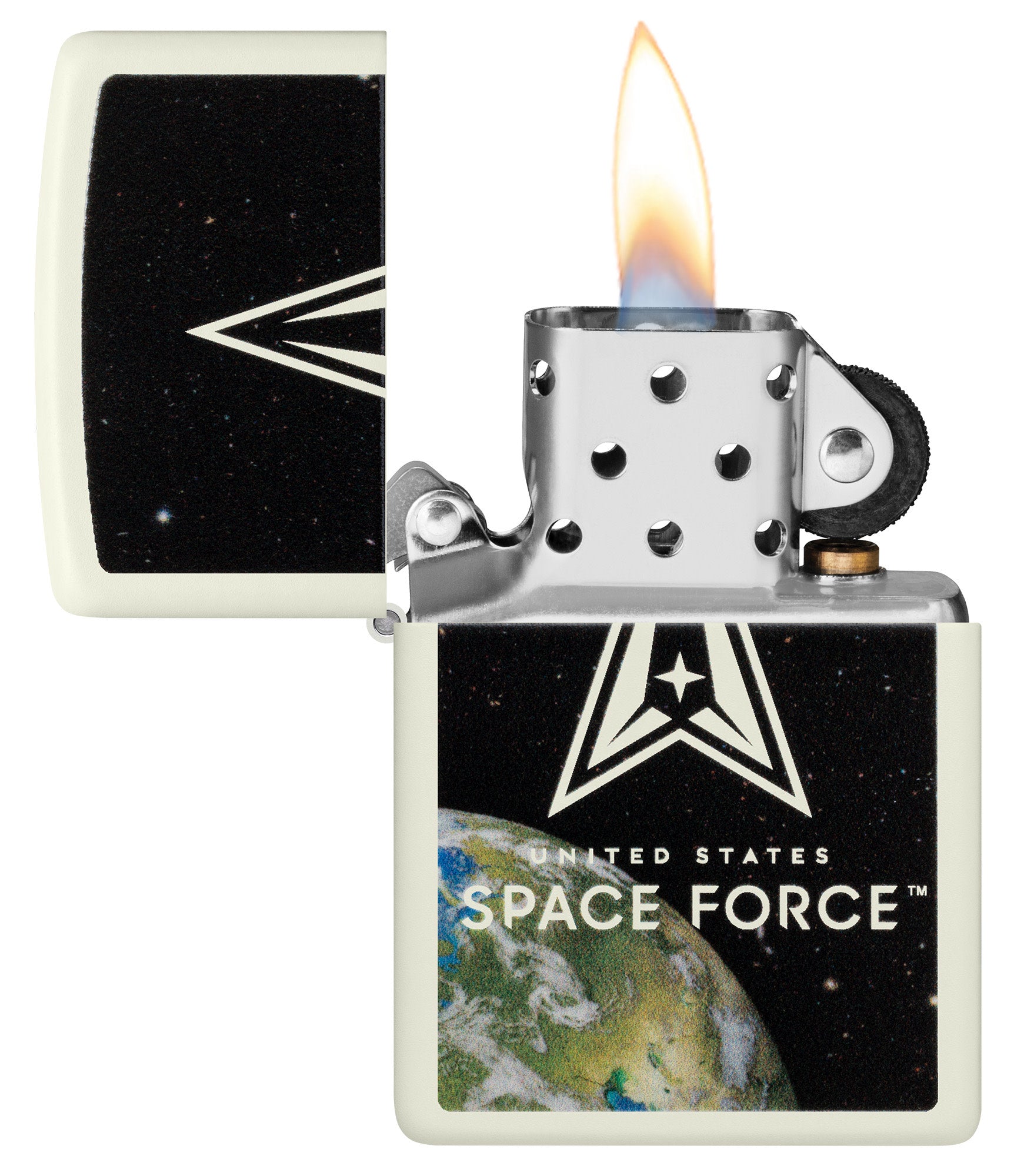 Zippo U.S. Space Force™ Glow in the Dark Windproof Lighter with its lid open and lit.