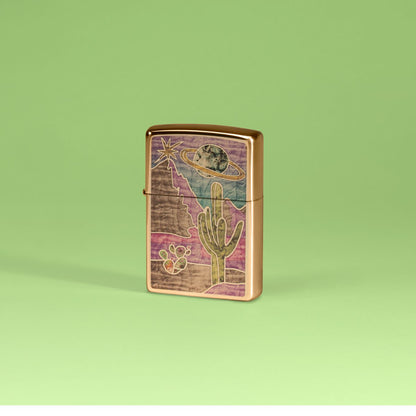 Lifestyle image of Zippo Funky Western Fusion Polish Brass Windproof Lighter on a pale green background.