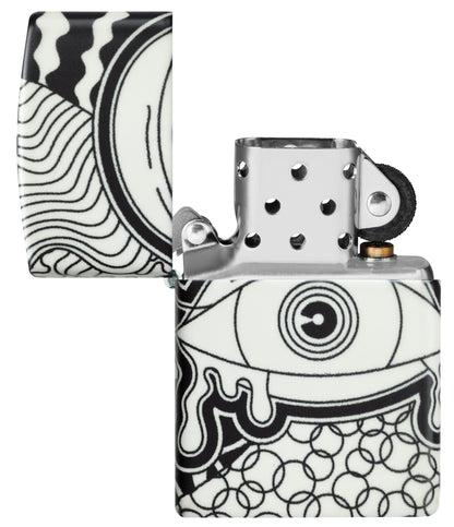 Zippo Vision Test Design Glow in the Dark Windproof Lighter with its lid open and unlit.