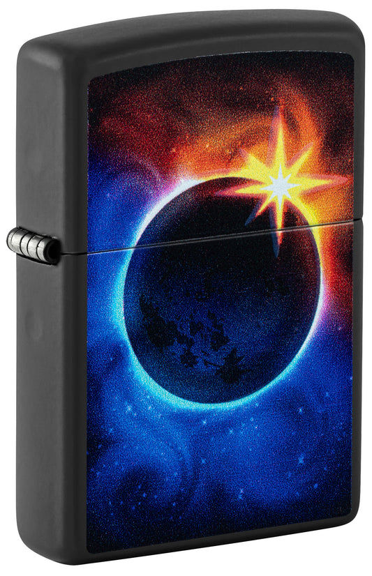 Front shot of Zippo Eclipse Design Black Matte Windproof Lighter standing at a 3/4 angle.