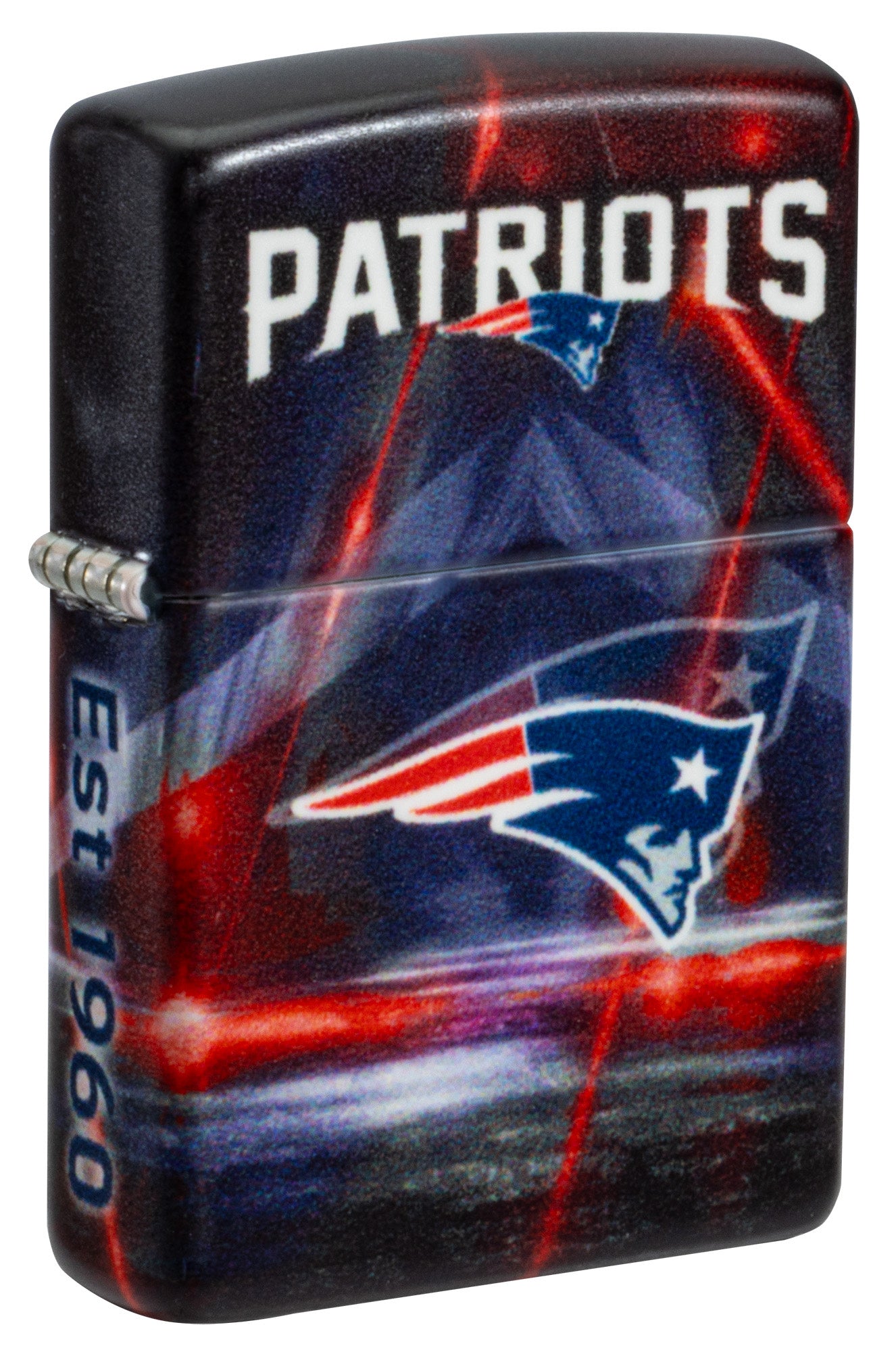 Front shot of Zippo NFL New England Patriots 540 Matte Windproof Lighter standing at a 3/4 angle.