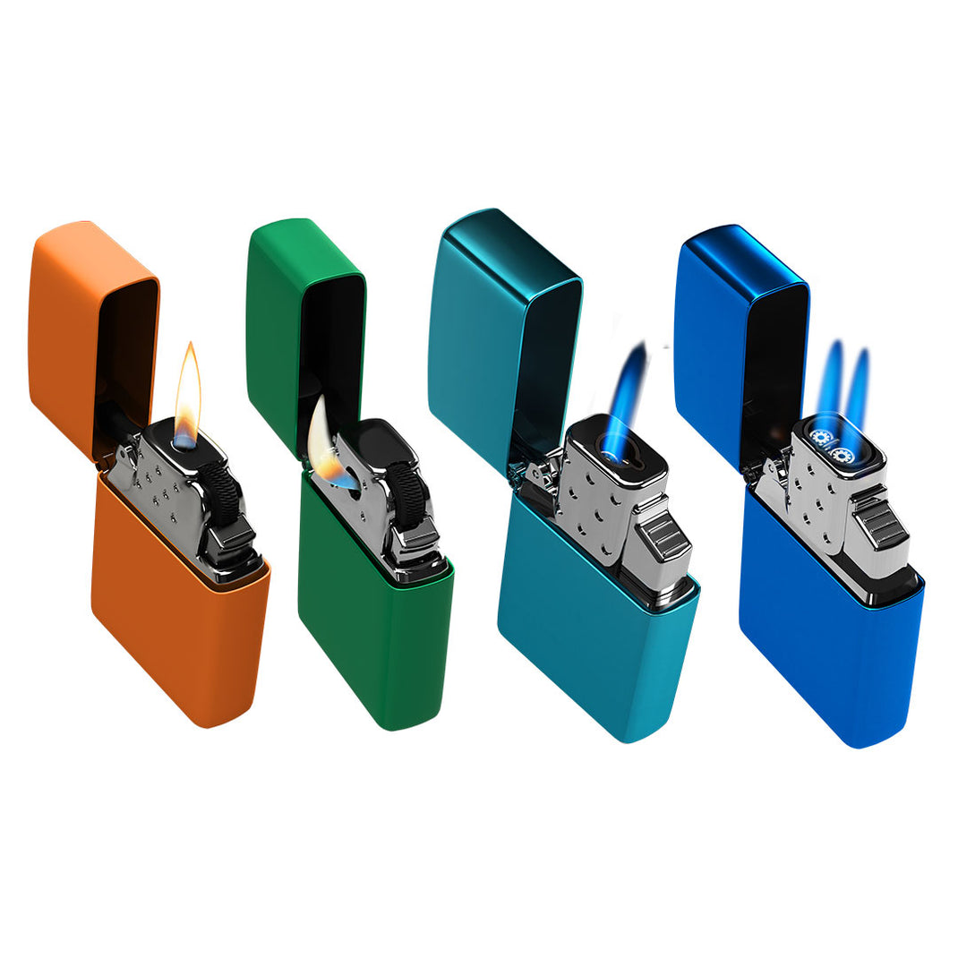 Four different butane inserts in colorful lighter cases.