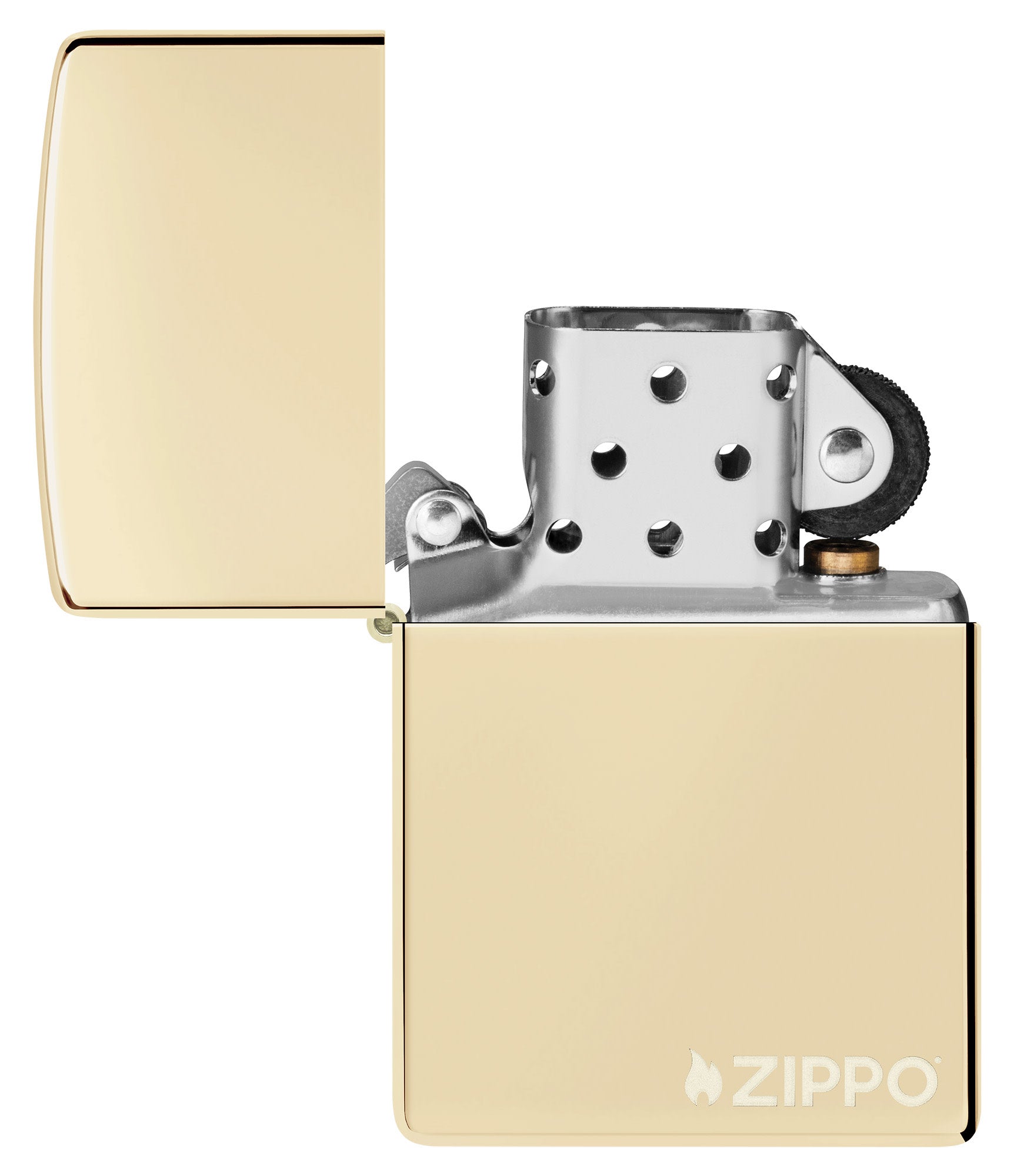 Zippo Classic Champagne Zippo Logo Windproof Lighter with its lid open and unlit.