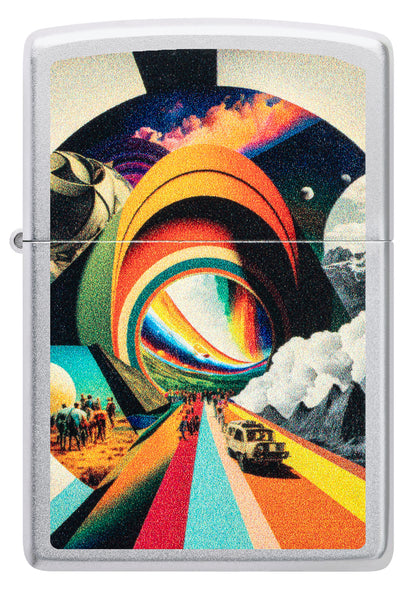 Front view of Zippo Trippy Travel Design Satin Chrome Windproof Lighter.