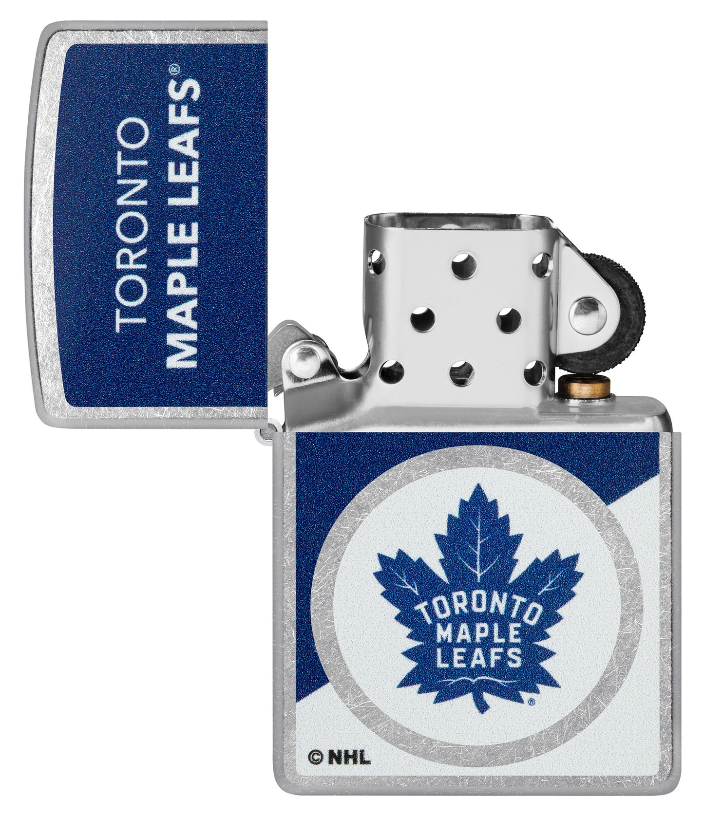 Zippo NHL® Toronto Maple Leafs® 2024 Street Chrome™ Windproof Lighter lit in hand.