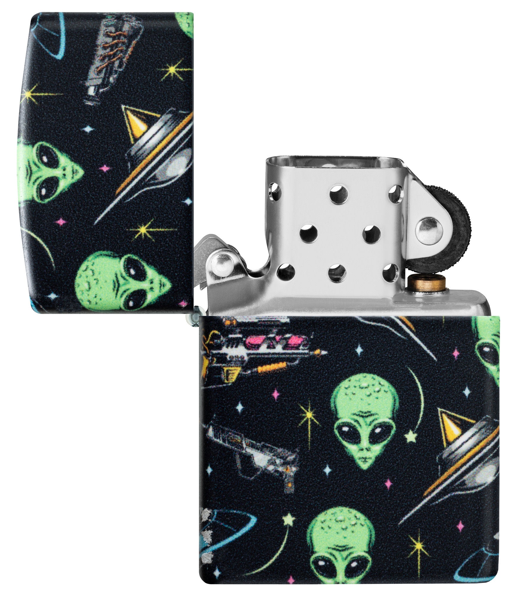 Zippo Alien Pattern Design 540 Matte Windproof Lighter with its lid open and unlit.