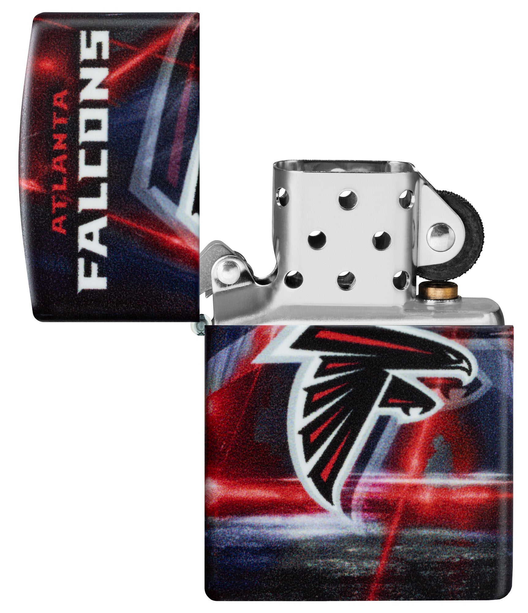 Zippo NFL Atlanta Falcons 540 Matte Windproof Lighter with its lid open and unlit.