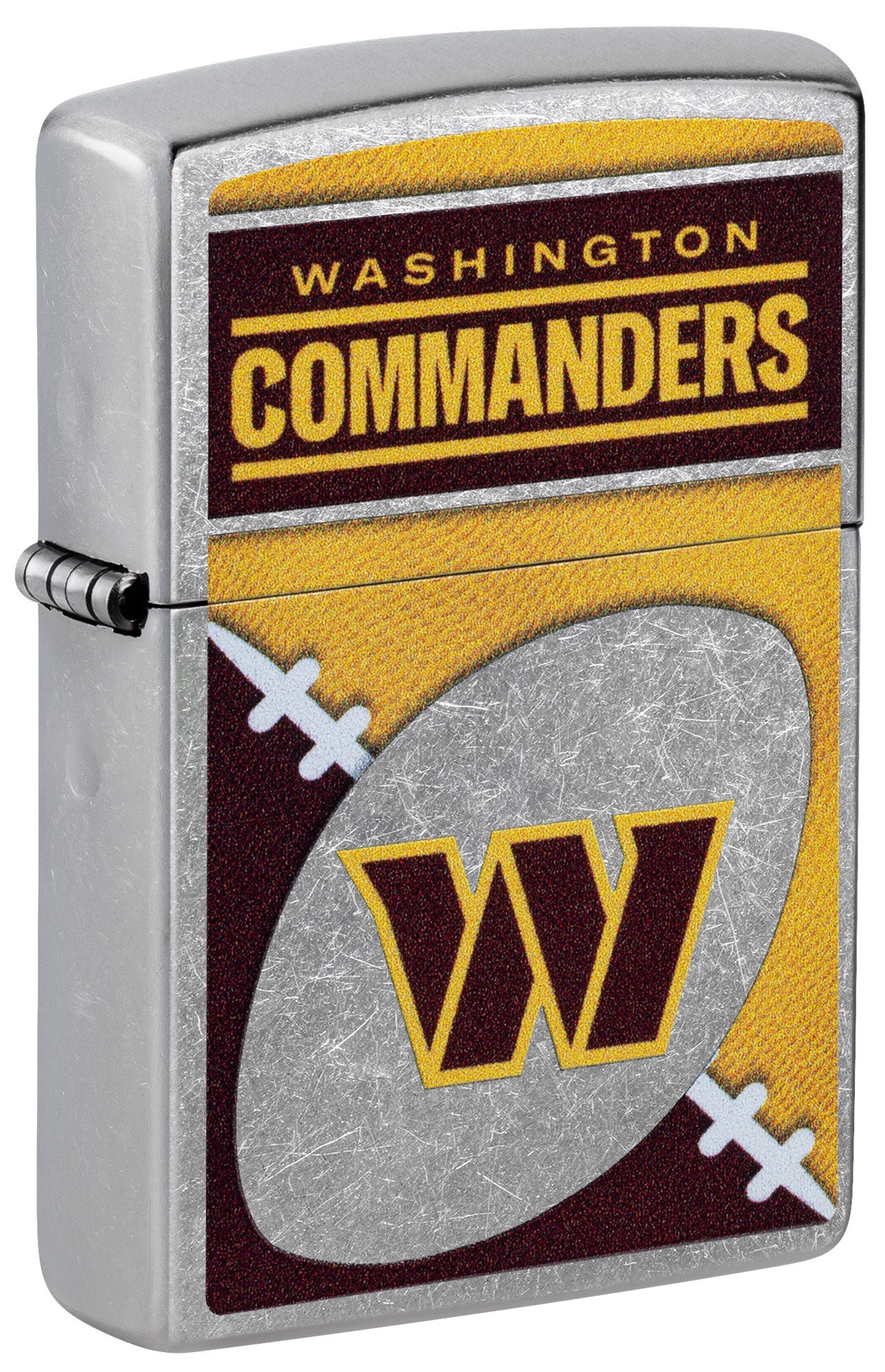 Front shot of Zippo NFL Washington Commanders Street Chrome Windproof Lighter standing at a 3/4 angle.