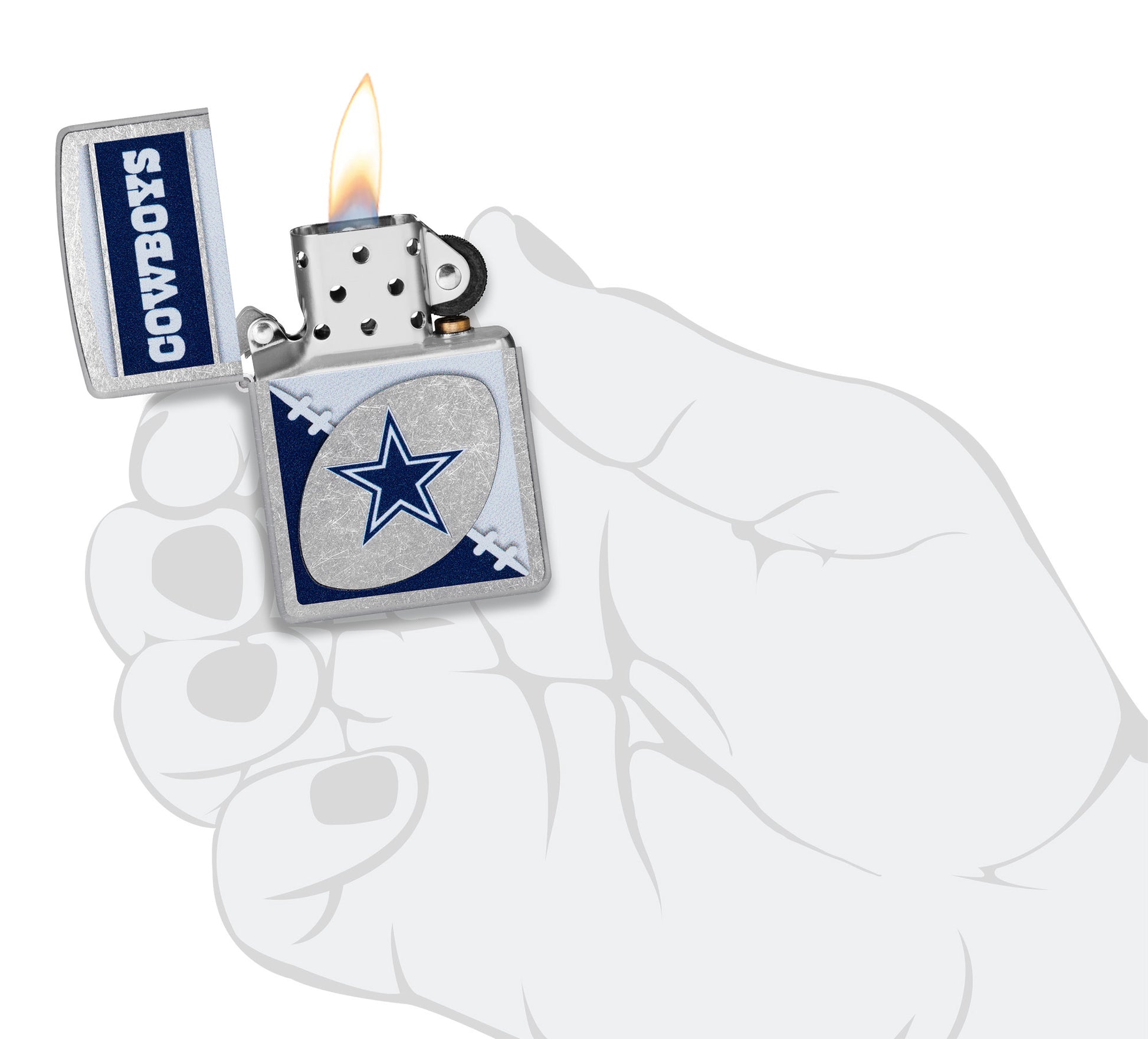 Zippo NFL Dallas Cowboys Street Chrome Windproof Lighter lit in hand.