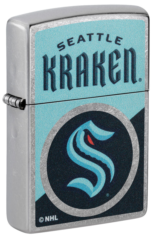 Front shot of Zippo NHL® Seattle Kraken® 2024 Street Chrome™ Windproof Lighter standing at a 3/4 angle.