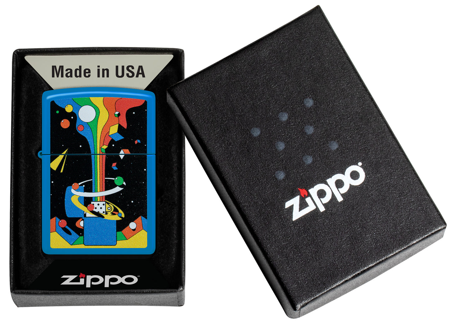 Zippo Cosmic Zippo Design Sky Blue Matte Windproof Lighter in its packaging.