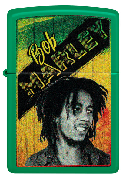 Front view of Zippo Bob Marley Grass Green Matte Windproof Lighter.