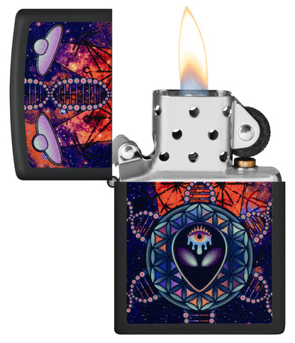Zippo All Seeing Alien Design Black Matte Windproof Lighter with its lid open and lit.


