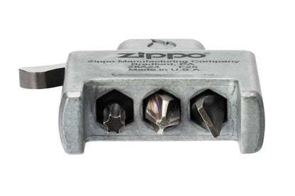 Bottom shot of Zippo Bit Safe USA 4-in-1 Screwdriver Lighter Insert showing the inserts in their placeholders