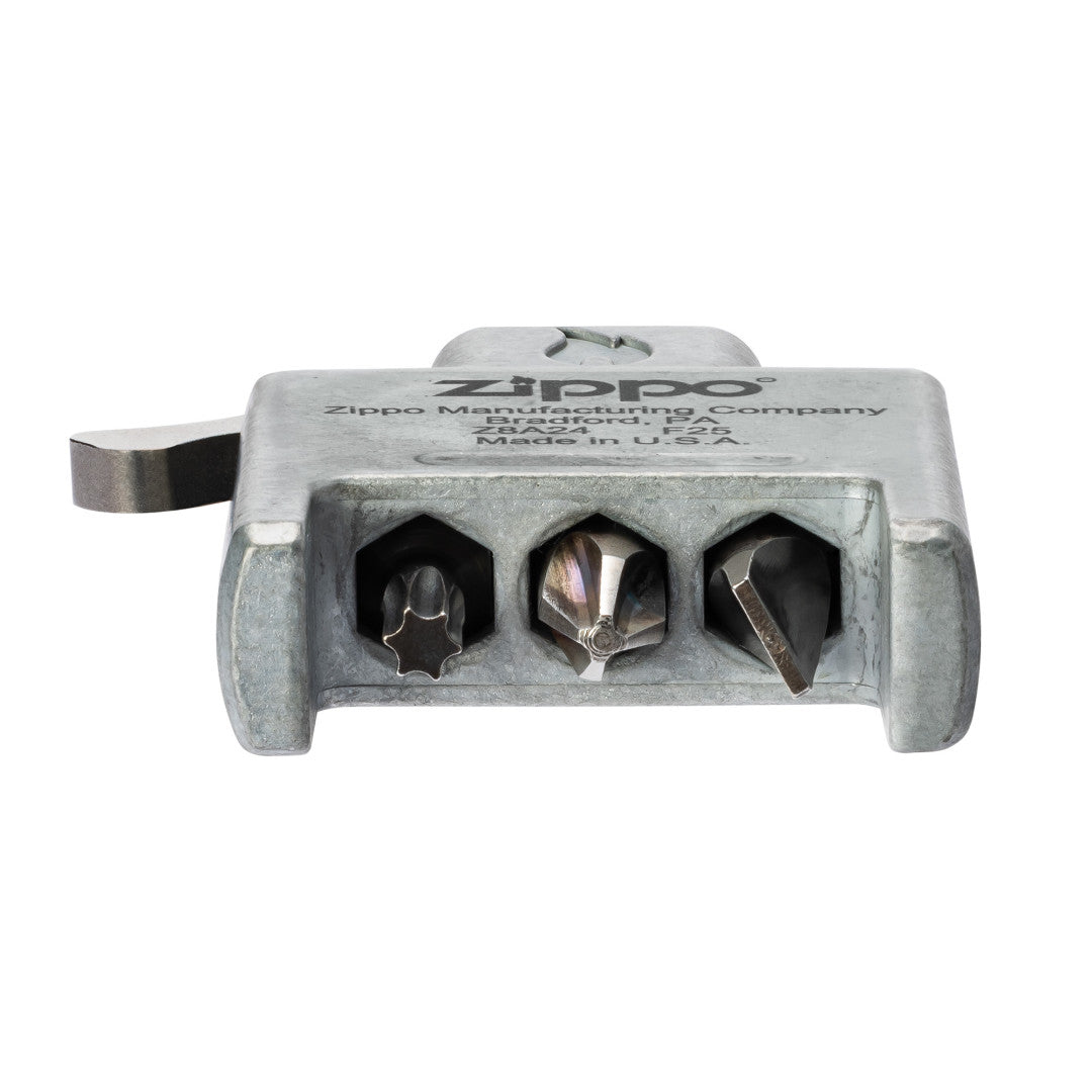 Bottom shot of Zippo Bit Safe USA 4-in-1 Screwdriver Lighter Insert showing the inserts in their placeholders