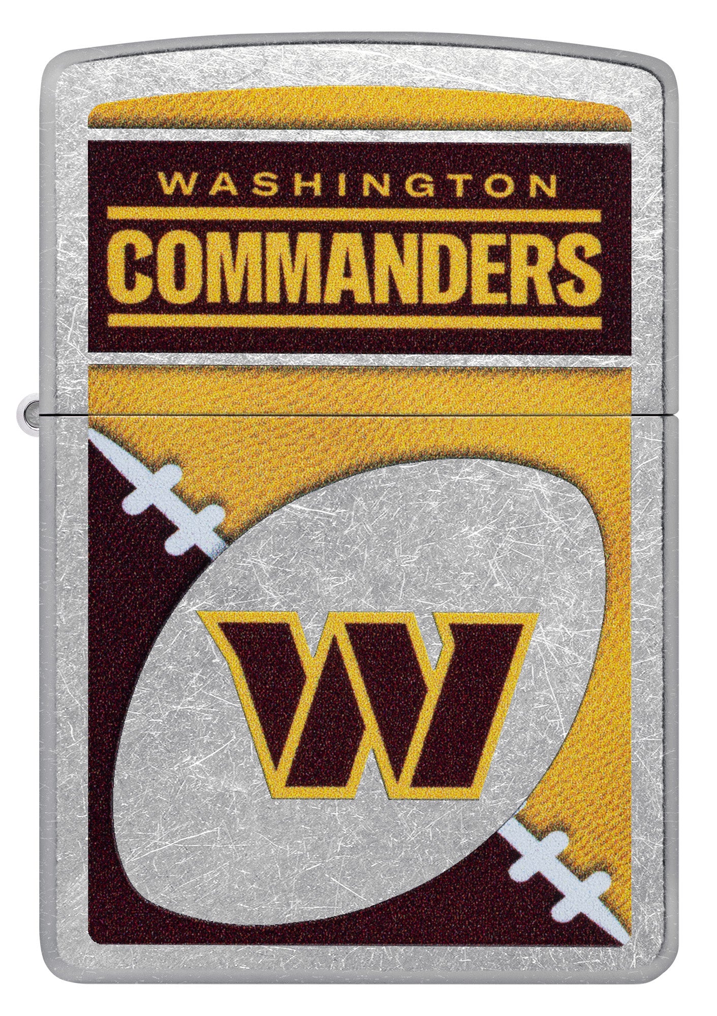 Front view of Zippo NFL Washington Commanders Street Chrome Windproof Lighter.