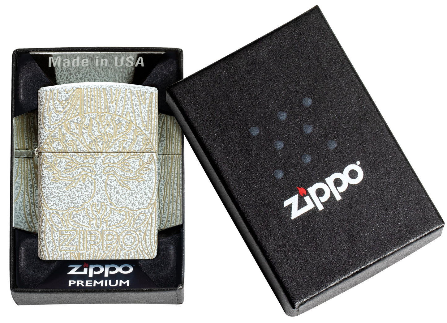 Zippo Tree of Life Woodgrain Design Glacier Windproof Lighter in its packaging.