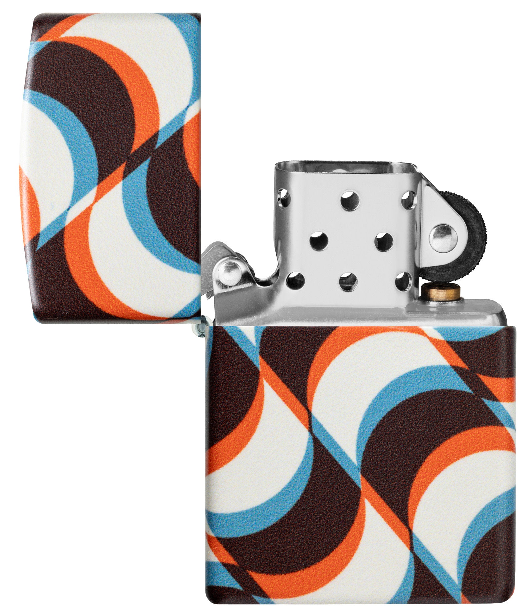 Zippo Funky Pattern Design 540 Matte Windproof Lighter with its lid open and unlit.