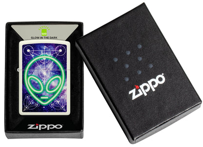 Zippo Glowing Alien Design Glow in the Dark Windproof Lighter in its packaging.