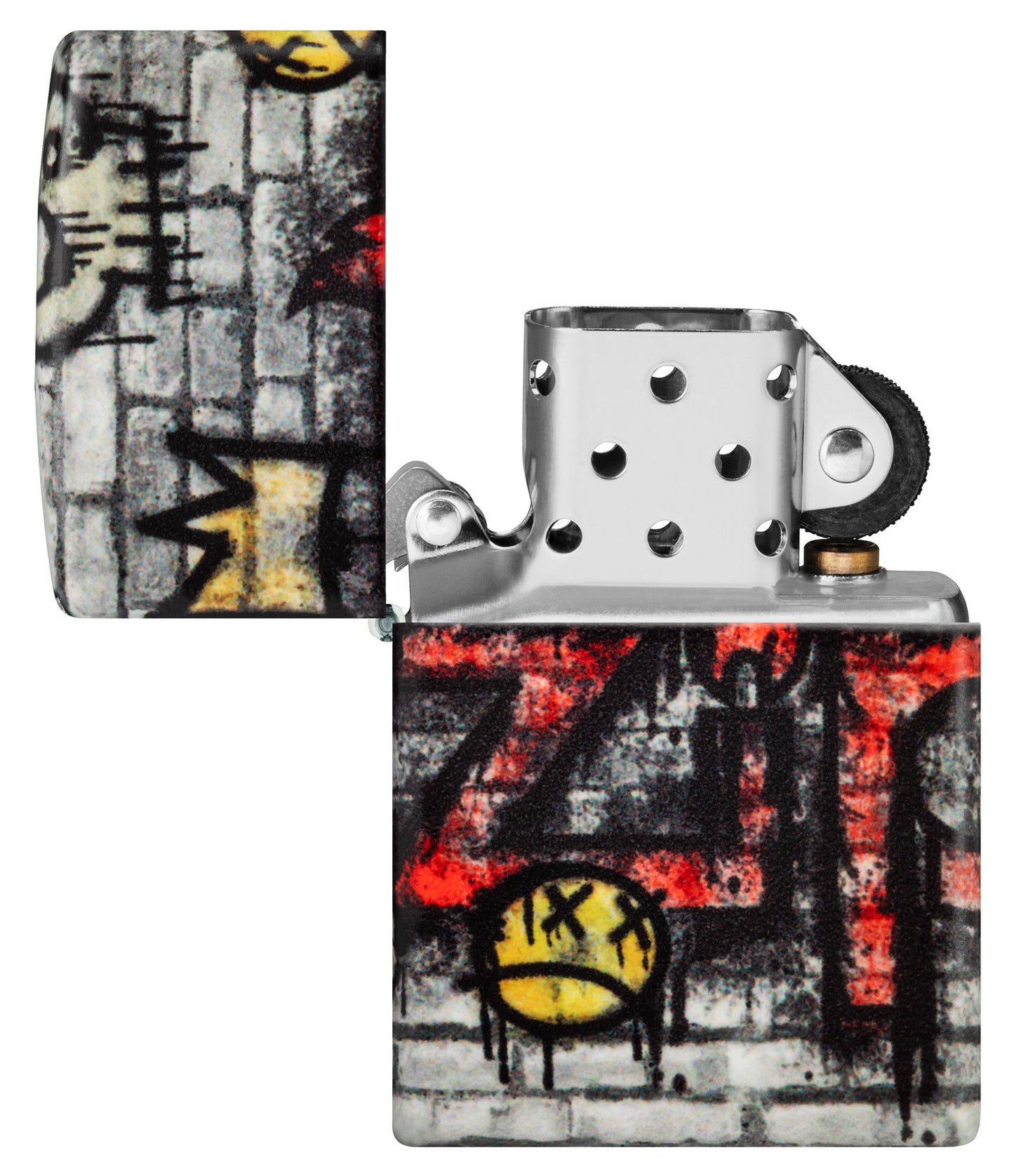 Zippo Graffiti King Design 540 Matte Windproof Lighter with its lid open and unlit.