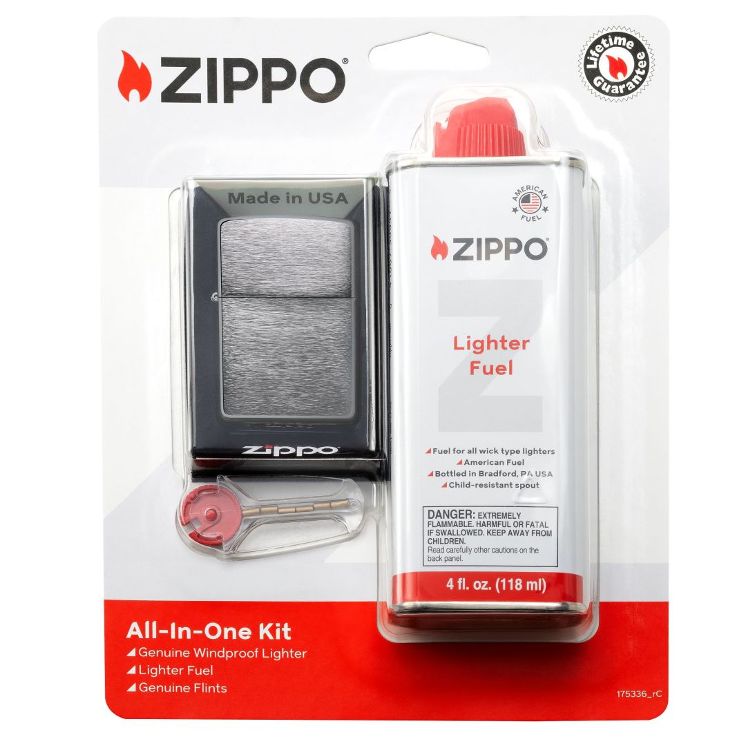 Zippo All-In-One Gift Set with Classic Brushed Chrome Windproof Lighter in its packaging