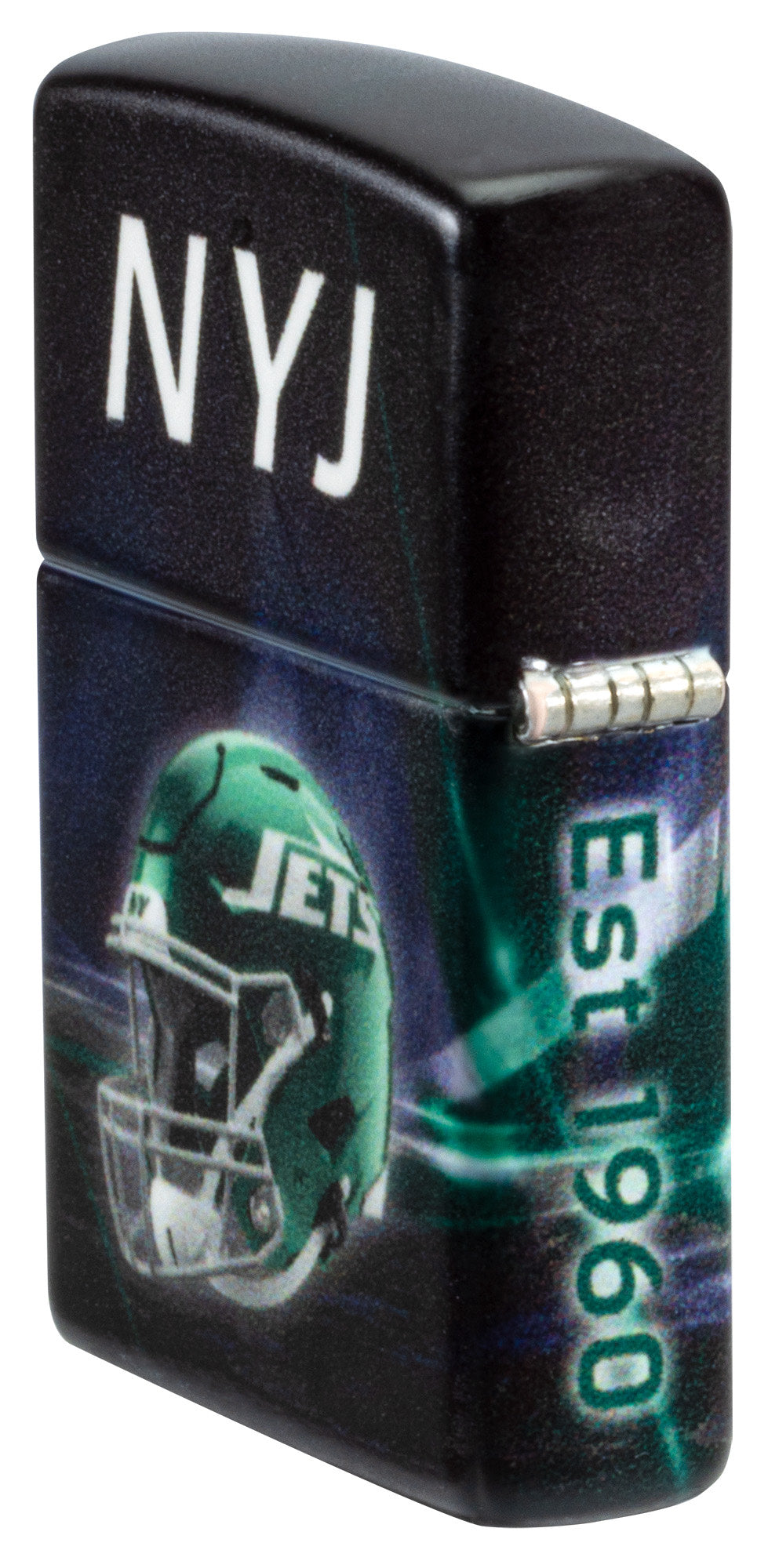 Angled shot of Zippo NFL New York Jets 540 Matte Windproof Lighter showing the back and hinge sides of the lighter.