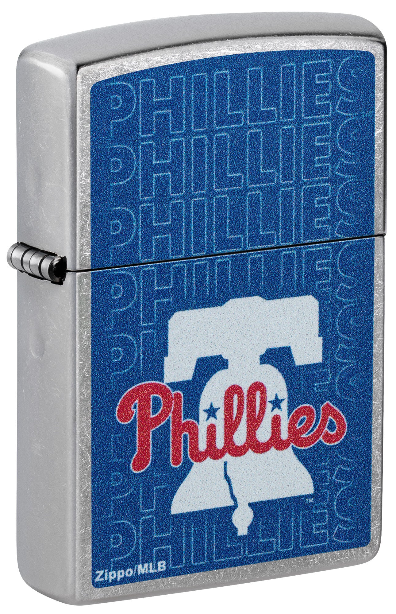 Front shot of Zippo MLB® Philadelphia Phillies Street Chrome Windproof Lighter standing at a 3/4 angle.