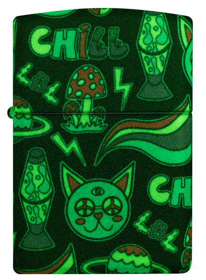 Front view of Zippo Glowing Chill Design Glow-in-the-Dark Green Windproof Lighter   glowing in the dark.



