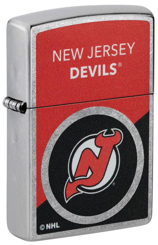 Front shot of Zippo NHL® New Jersey Devils® 2024 Street Chrome™ Windproof Lighter standing at a 3/4 angle.