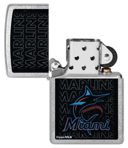 Zippo MLB® Miami Marlins Street Chrome Windproof Lighter with its lid open and unlit.