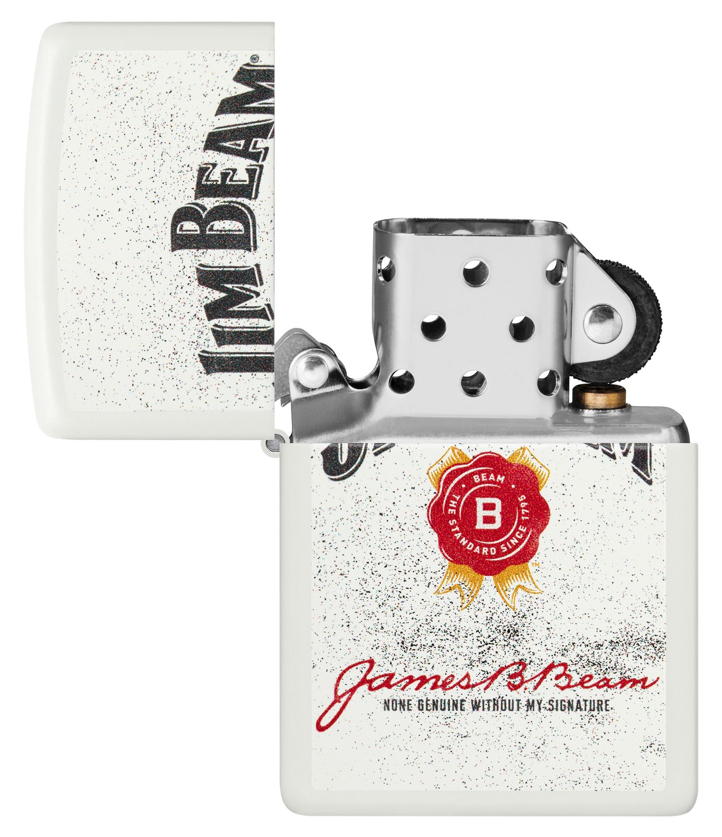 Zippo Jim Beam® Rosette Design White Matte Windproof Lighter with its lid open and unlit.