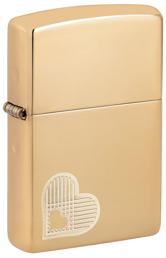 Front shot of Zippo Double Hearts Design High Polish Brass Windproof Lighter standing at a 3/4 angle.