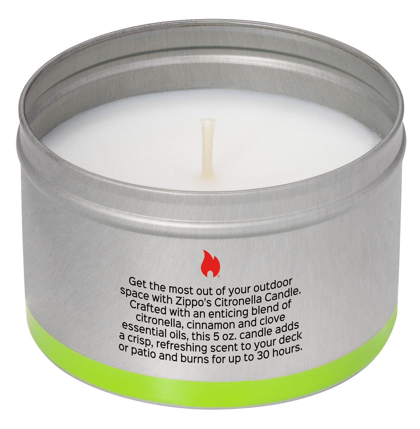 Back view of Zippo Citronella Candle - Cinnamon and Clove unlit without the lid.
