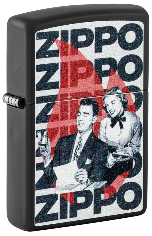 Front shot of Vintage Zippo Design Black Matte Windproof Lighter standing at a 3/4 angle.