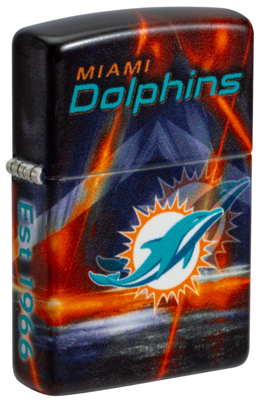 Front shot of Zippo NFL Miami Dolphins 540 Matte Windproof Lighter standing at a 3/4 angle.