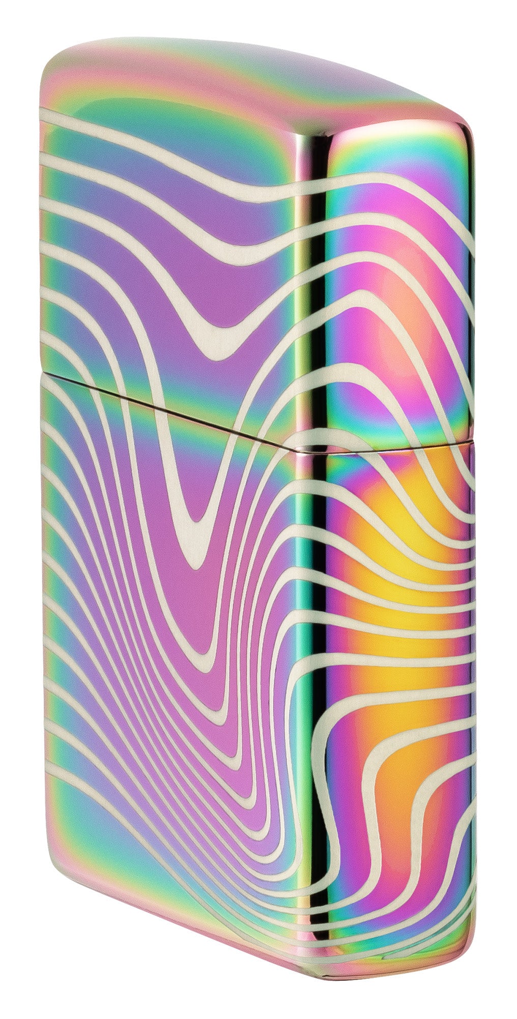 Angled shot of Zippo Wavy Pattern Design Multi Color Windproof Lighter showing the front and right side of the lighter.