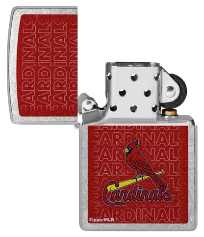 Zippo MLB® St. Louis Cardinals Street Chrome Windproof Lighter with its lid open and unlit.