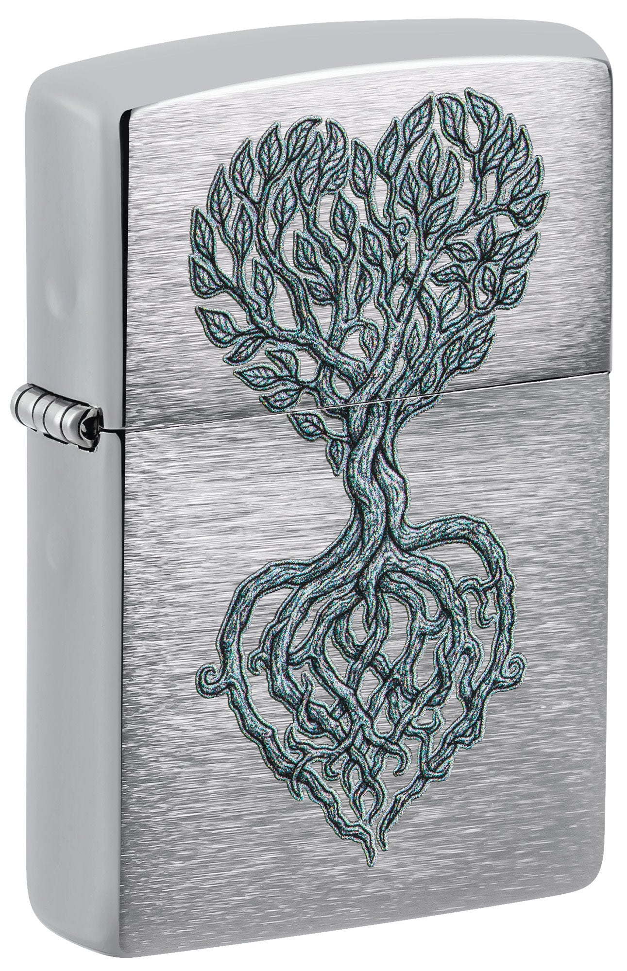 Front shot of Zippo Rooted in Love Design Brushed Chrome Windproof Lighter standing at a 3/4 angle.