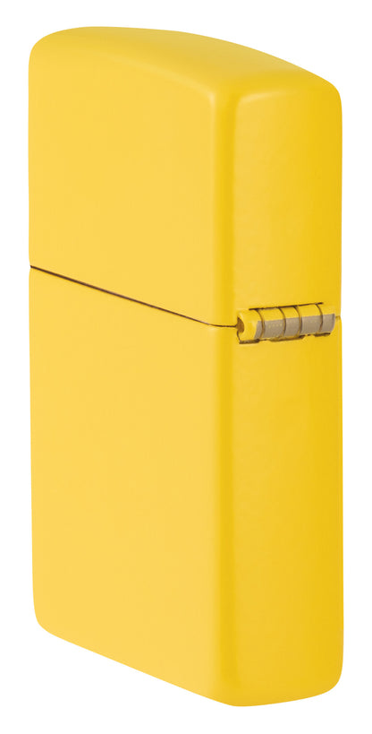 Angled shot of Zippo Classic Sunflower Logo Windproof Lighter showing the back and hinge side of the lighter.