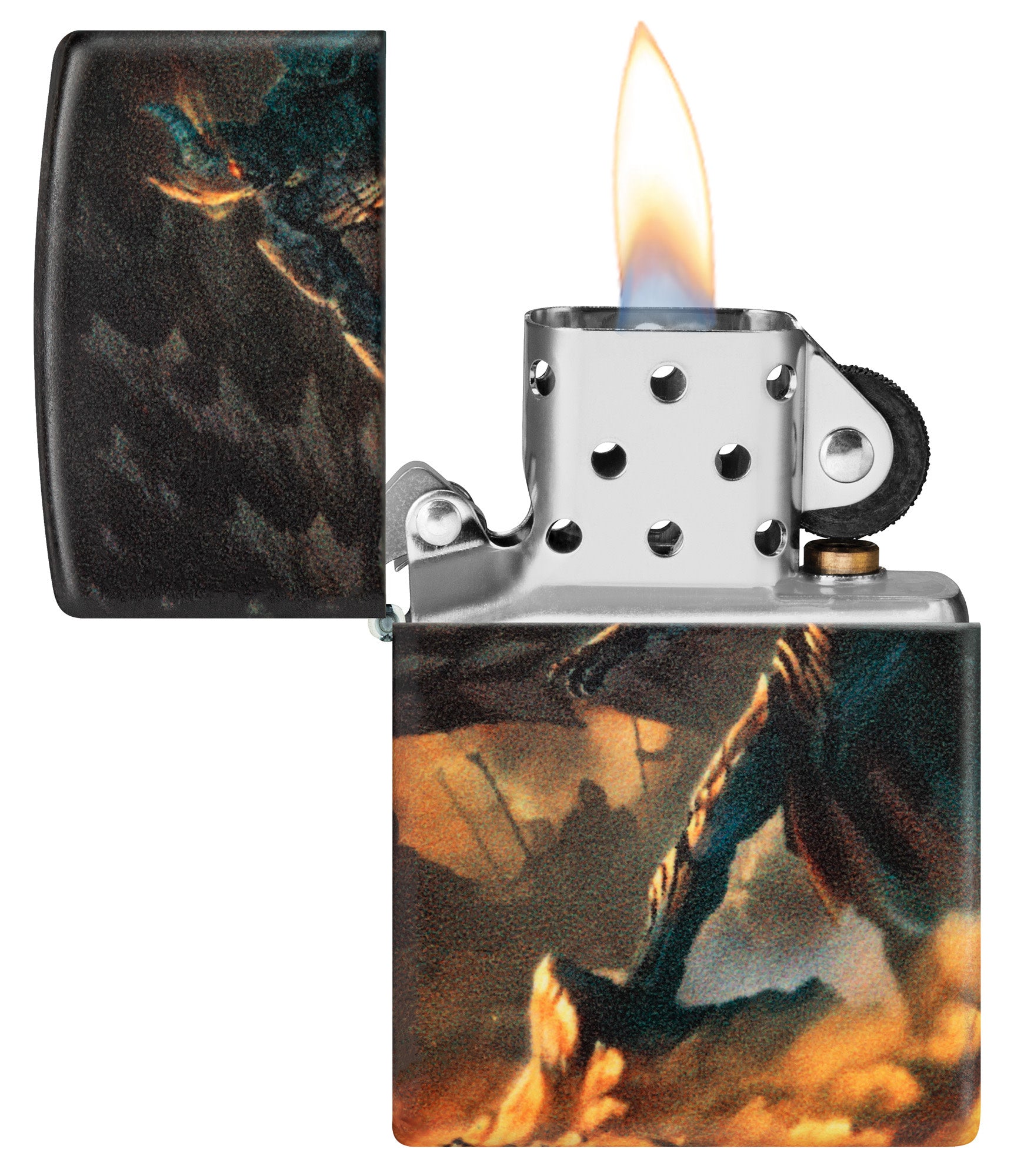 Zippo Knight and Dragon Design 540 Matte Windproof Lighter with its lid open and lit.