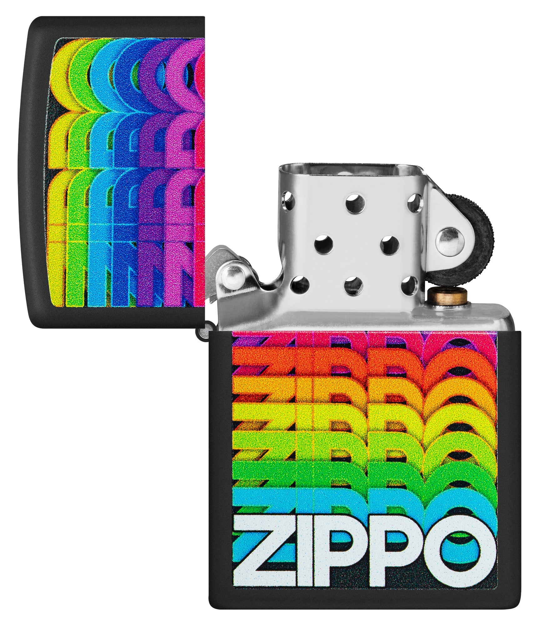 Zippo Techno Design Black Matte Windproof Lighter with its lid open and unlit.