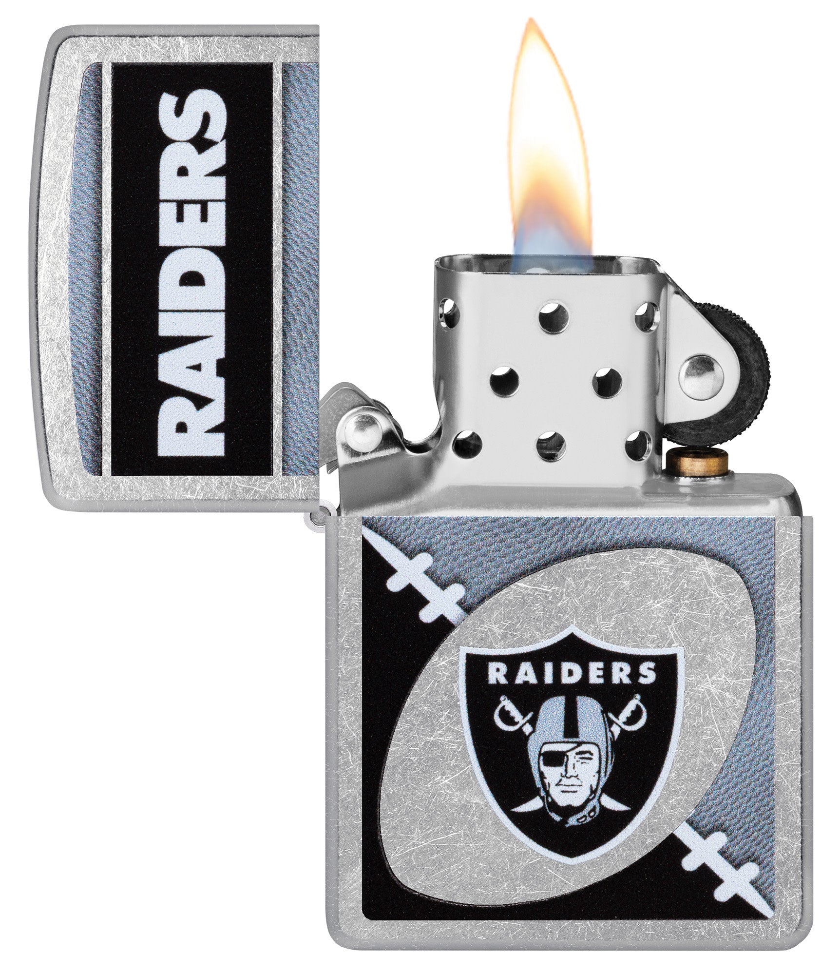 Zippo NFL Las Vegas Raiders Street Chrome Windproof Lighter with its lid open and lit.